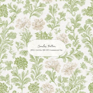 Peut inclure: Motif floral sans couture avec des feuilles vertes et des fleurs beiges sur fond blanc texturé. Le texte "Seamless Pattern" et "JPEG 12x12in 300 DPI Commercial Use" est inclus.