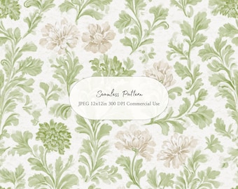 Vintage botanisch bloemmotief png, naadloos saliegroen behangontwerp, Cottagecore digitaal papier, Franse landprint 12 x 12 in jpeg