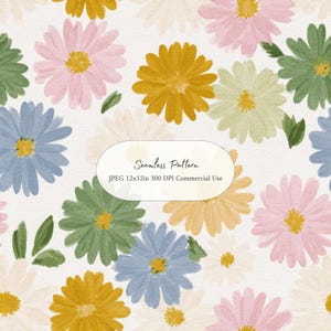 May include: A seamless pattern featuring hand-painted style flowers in shades of pink, mustard yellow, sage green, and dusty blue on a white background. Text in the center reads: Seamless Pattern, JPEG 12x12in 300 DPI Commercial Use.