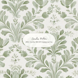 Puede incluir: Patrón sin costuras con diseño floral en tonos verdes sobre fondo blanco. El diseño presenta hojas y flores estilizadas. El texto "Seamless Pattern" se muestra en un óvalo blanco. La imagen está etiquetada como "JPEG 12x12in 300 DPI Commercial Use."