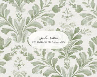 Saliegroen damast naadloos patroon | Vintage botanisch behang digitaal papier | Elegant Frans landelijk bloemdessin 12 x 12 in jpeg