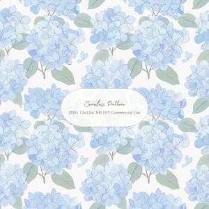 May include: Seamless pattern featuring light blue hydrangea flowers and green leaves on a white background. The image includes the text "Seamless Pattern" and "JPEG 12x12in 300 DPI Commercial Use".