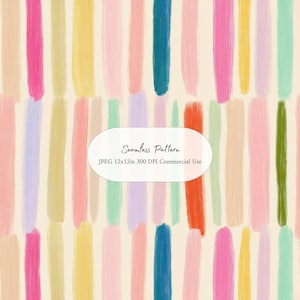 May include: A seamless pattern featuring vertical brushstrokes in shades of pink, yellow, blue, green, and orange on a cream background. A central white oval contains the text: Seamless Pattern, JPEG 12x12in 300 DPI Commercial Use.