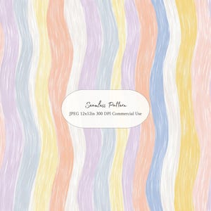 May include: A seamless pattern featuring vertical wavy lines in pastel shades of yellow, lavender, peach, blue, and white. A central white oval label contains the text: Seamless Pattern, JPEG 12x12in 300 DPI Commercial Use.