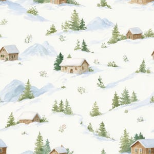 Quiet Chalet Seamless Pattern Watercolor Snowy Pine Landscape Digital Paper Minimal Alpine Winter Repeat PNG Storybook Mountain 12x12in JPEG