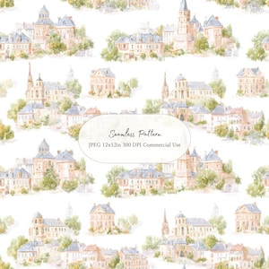 Puede incluir: Patrón sin costuras de acuarela con edificios de estilo europeo en tonos beige, azul y verde. El diseño presenta diversos estilos arquitectónicos, con el texto "Seamless Pattern" y "JPEG 12x12in 300 DPI Commercial Use".