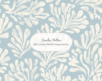 Naadloos kustpatroon koraal | Blauw kustbehang, botanisch digitaal papier in Hamptons-stijl, Ocean Print JPEG 12 x 12 in