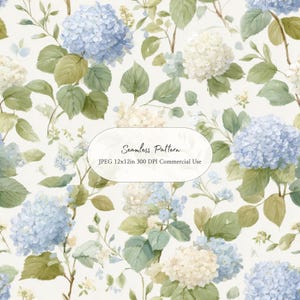 Motivo senza soluzione di continuità con ortensie blu | Carta da parati stampabile per giardino in stile cottage, elegante carta da parati floreale botanica Grandmillennial 12 x 12 pollici JPEG
