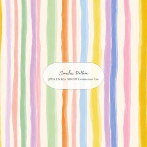 May include: A seamless pattern featuring vertical, hand-painted style stripes in shades of yellow, orange, pink, purple, green, and blue on a cream background. Text in the centre reads: Seamless Pattern, JPEG 12x12in 300 DPI Commercial Use.