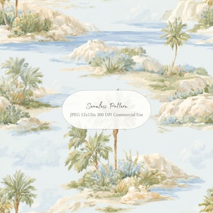 May include: A seamless pattern featuring a watercolor landscape with palm trees, sandy shores, and a light blue sky. The design includes text that reads "Seamless Pattern" and "JPEG 12x12in 300 DPI Commercial Use".
