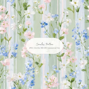May include: Seamless floral pattern featuring watercolor-style flowers in shades of white, pink, and blue against a light green background with vertical stripes. The text "Seamless Pattern" is displayed on the image.
