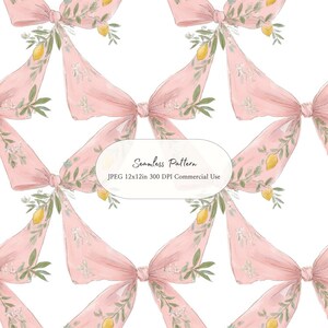 Puede incluir: Un patrón sin costuras con lazos de acuarela rosa. Cada lazo está adornado con ramitas de hojas verdes, pequeñas flores blancas y limones amarillos. La imagen incluye el texto "Seamless Pattern" y "JPEG 12x12in 300 DPI Commercial Use".