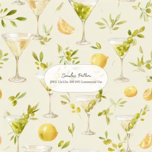 Puede incluir: Patrón sin costuras de acuarela con copas de martini, aceitunas, rodajas de limón y hojas verdes sobre un fondo crema. El patrón incluye el texto "Seamless Pattern" y "JPEG 12x12in 300 DPI Commercial Use".