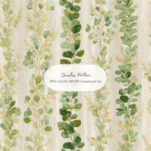 May include: Seamless pattern featuring watercolor eucalyptus branches with green leaves and gold accents on a cream background. The image includes text that reads "Seamless Pattern" and "JPEG 12x12in 300 DPI Commercial Use."