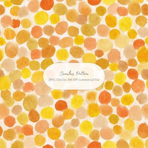 Op de afbeelding: Een naadloos patroon met cirkelvormige vlekken in aquarel-stijl in tinten geel, oranje en beige. Een centrale witte ovaal bevat de tekst: Seamless Pattern, JPEG 30,48x30,48 cm 300 DPI Commercial Use. Het ontwerp heeft een zachte, textuurrijke uitstraling.