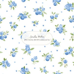 May include: Watercolor seamless pattern featuring clusters of blue blueberries with green leaves and scattered blue dots on a white background. The text "Seamless Pattern" is included in the image.