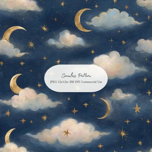 May include: Seamless pattern featuring a night sky with gold crescent moons, stars, and fluffy white clouds against a dark blue background. The text "Seamless Pattern" is displayed on the image.