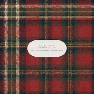 Könnte beinhalten: Ein nahtloses Muster mit einem klassischen Schottenkaro in Rot, Dunkelgrün und Creme. Ein weißes ovales Overlay in der Mitte enthält den Text: Seamless Pattern, JPEG 12x12in 300 DPI Commercial Use. Die Textur ähnelt gewebtem Stoff.