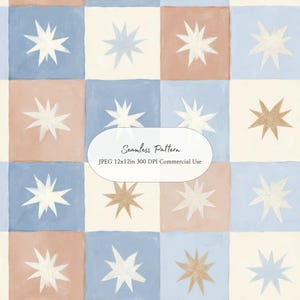 May include: A seamless pattern featuring a grid of squares in shades of blue, cream, and terracotta, each containing a hand-painted style star. A central white label displays the text: Seamless Pattern, JPEG 12x12in 300 DPI Commercial Use.
