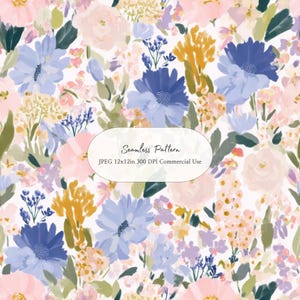 Peut inclure: Un motif floral sans couture avec des fleurs bleues, roses, jaunes et violettes. Le motif comprend de grandes fleurs bleues, de plus petits groupes de fleurs bleues et jaunes, et de douces roses roses. Le texte "Seamless Pattern" est visible.
