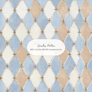 Vintage Harlequin Seamless Pattern l Soft Circus Digital Paper Blue Cream Tan Argyle Nursery Background Printable Scrapbook 12x12in JPEG