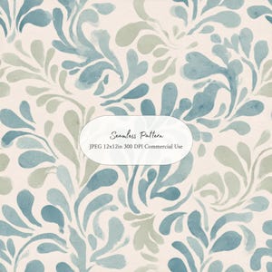May include: A seamless pattern featuring watercolor-style organic shapes in shades of blue and sage green on a cream background. A central white oval contains the text: Seamless Pattern, JPEG 12x12in 300 DPI Commercial Use.