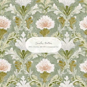 Carta digitale con motivo floreale damascato vintage senza soluzione di continuità, stile country francese, stampa botanica romantica 12 x 12 pollici JPEG
