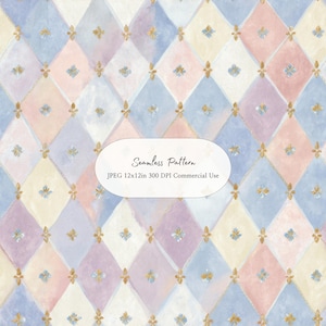 May include: Seamless pattern featuring a watercolor design of diamond shapes in pastel colors: blue, pink, yellow, and purple. Gold fleur-de-lis and delicate gold lines accent the pattern. The text "Seamless Pattern" is displayed.
