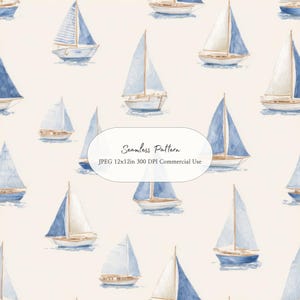 Pode incluir: Padrão aquarela sem costura com veleiros com velas azuis e cascos bege em um fundo creme. A imagem inclui o texto "Seamless Pattern" e detalhes sobre o formato e uso do arquivo.
