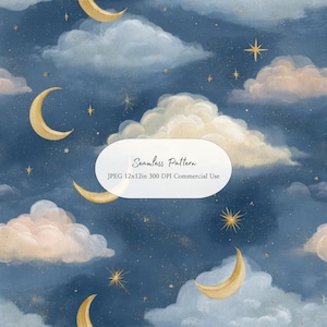 Pode incluir: Padrão sem costura com um céu noturno com luas crescentes, estrelas e nuvens fofas em tons de azul, dourado e branco. O texto "Seamless Pattern" é exibido com informações de uso.