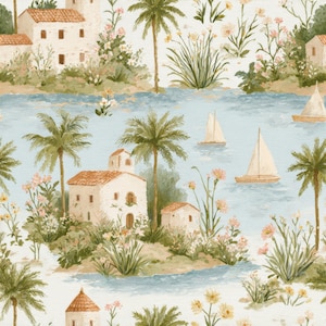 Mittelmeer-Palmenküste-nahtloses Muster, Aquarell-Küstenvilla-Digital-Papier, tropische Insel-Dorf-Wiederholungs-Sommer 12 x 12 in JPEG