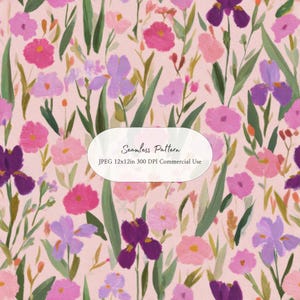 May include: A seamless pattern featuring painted flowers in shades of pink, purple, and dark violet on a light pink background. A white oval label in the center displays the text: Seamless Pattern, JPEG 12x12in 300 DPI Commercial Use.