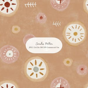 Pode incluir: Um padrão sem costuras com motivos circulares pintados à mão em tons de terracota, creme e rosa suave sobre um fundo bege. O design inclui símbolos lineares brancos e o texto: Seamless Pattern JPEG 12x12in 300 DPI Commercial Use.