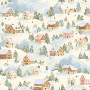 May include: A repeating pattern of a snowy village scene. Small houses with pink, brown, and yellow roofs are nestled among snow-covered hills and evergreen trees. The illustration has a soft, painterly style with a muted color palette.