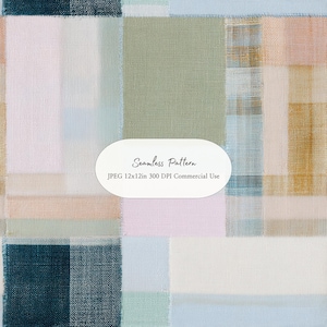 May include: A digital seamless pattern featuring a grid of rectangular blocks in shades of sage green, dusty pink, deep teal, and light blue with a visible woven fabric texture. A white oval overlay contains the text Seamless Pattern JPEG 12x12in 300 DPI Commercial Use.