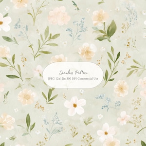 May include: A seamless floral pattern featuring watercolor flowers in soft peach, white, and blue hues, with green leaves on a light green background. The design includes the text "Seamless Pattern" and image details.