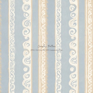 Puede incluir: Un patrón sin costuras con rayas verticales en azul claro y beige, acentuado por remolinos blancos pintados a mano. El texto Seamless Pattern JPEG 12x12in 300 DPI Commercial Use está centrado sobre el diseño que se repite en la superficie.