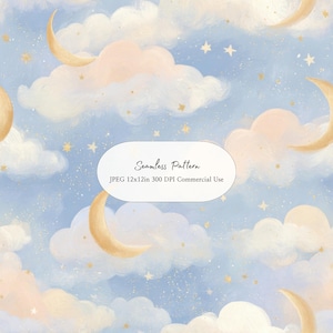 May include: Seamless pattern featuring a dreamy sky with crescent moons, fluffy clouds, and twinkling stars in shades of blue, peach, and gold. The text "Seamless Pattern" is displayed.