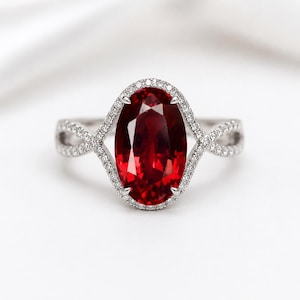 Lab Grown Red Ruby Oval Ring, Sterling Silver Halo Engagement Ring (9x14mm)