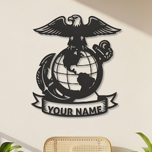Personalized US Marine Corps Metal Wall Art, Custom EGA Emblem Sign, Military Veteran Gift,USMC Eagle Globe Anchor Decor for Home Office Den