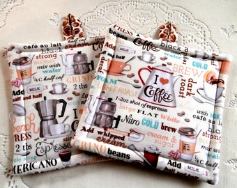 Potholders, Pr Of Quilted Potholders, Novelty Coffee Patterned Potholders