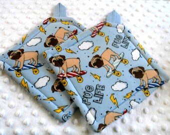 Pr Of Pug Quilted Potholders, Potholders, Pug Puppy, Christmas Gift