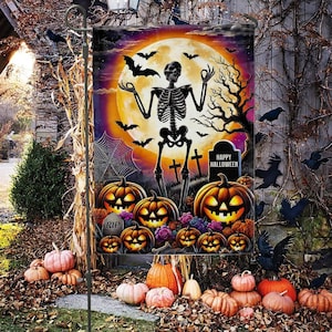 Skeleton Halloween Pumpkins Flag, Scary Spooky Garden and House Flag