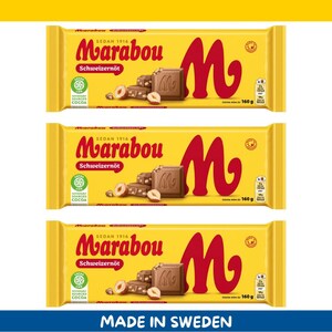 Paquete de 3 chocolates con leche y avellanas de marabú (Schweizernöt), 160 g cada uno (5,6 oz), importados de Suecia.