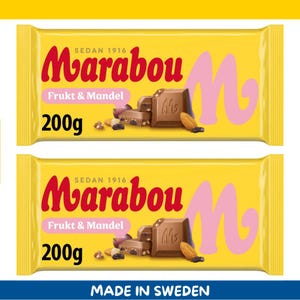 Paquete de 2 barras de chocolate con leche Marabou Frukt & Mandel (200 g cada una, importadas de Suecia)