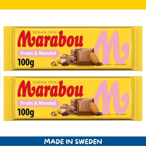 Paquete de 2 barras de chocolate con leche Marabou Frukt & Mandel (100 g cada una, importadas de Suecia)
