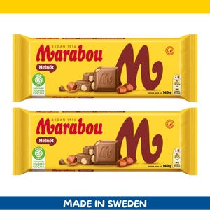 Paquete de 2 barras de chocolate con leche Marabou Helnöt (avellanas enteras), 160 g cada una (5,6 oz), importadas de Suecia.