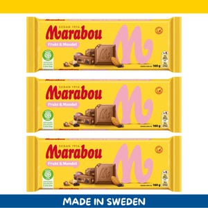 3 Pack Marabou Frukt & Mandel Milk Chocolate Bars – 160g each (5.6 oz) – Imported from Sweden