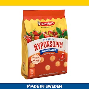 May include: A packet of Ekströms Klassisk Nyponsoppa Originalet, a Swedish rose hip soup. The packaging is yellow and red, with rose hip illustrations and the text "Made in Sweden."