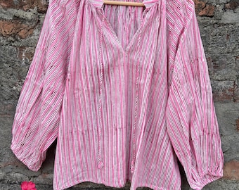 Pure Cotton Pink Stripes Bohemian Blouse Top Casual Wear Daywear Indian block Print Long Sleeves Tunic Lightweight Summer Wear